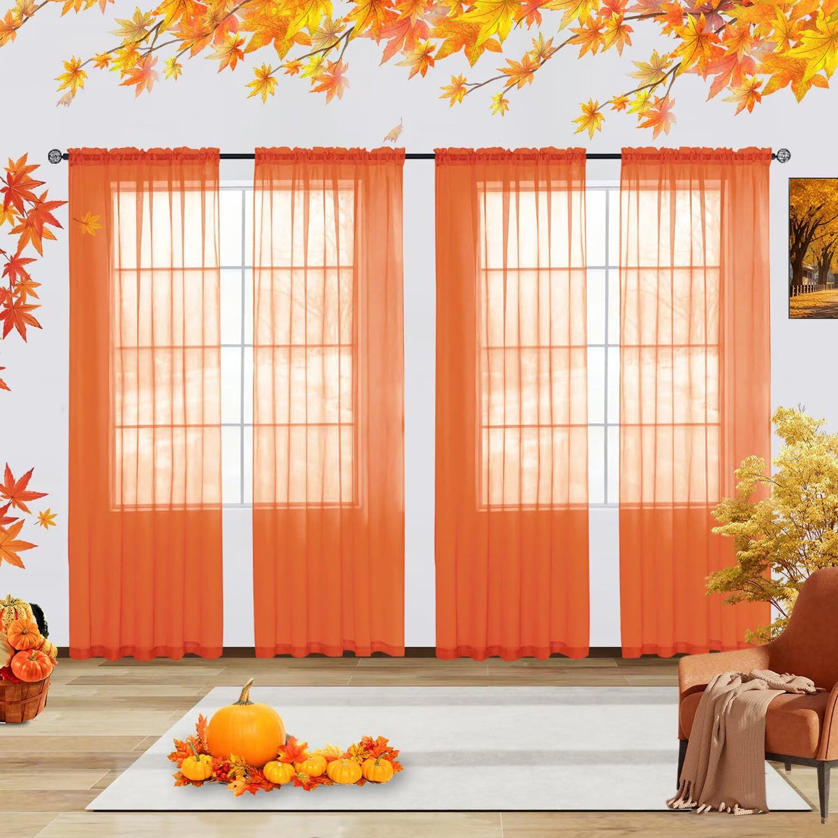 youleyar Solid Sheer Rod Pocket Curtain Voile Draperies 2 Panels White Beige Black Grey Coffee 52 Inch Width 84 Inch Long 1 Pair for Kitchen Bedroom Children Living Room Yard (Orange,52Wｘ84L)