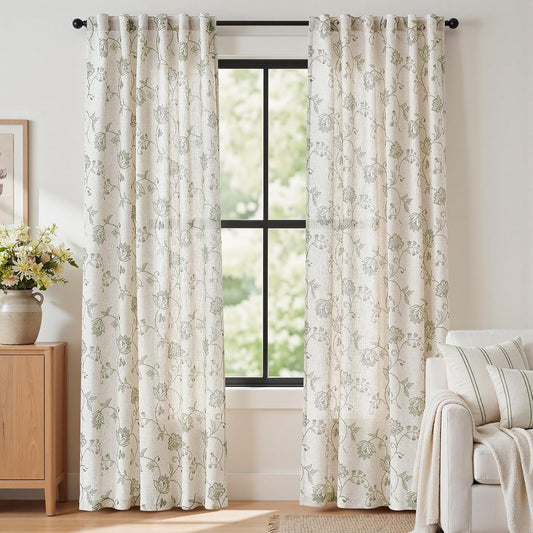 jinchan Green Floral Linen Curtains 84 Inch Vintage Back Tab 2 Panels
