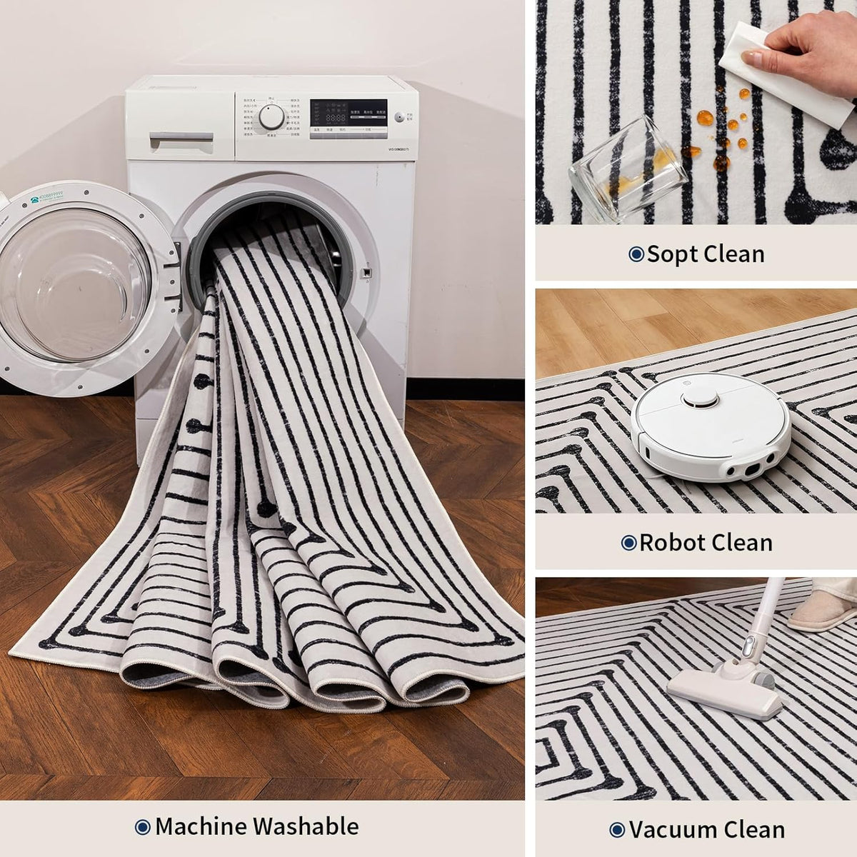 YIHOUSE Washable 5x7 Area Rugs for Living Room, Black and White Striped Rug for Bedroom Playroom Non Slip Low Pile, Soft Modern Geometric Carpet for Entryway Home Office Decor