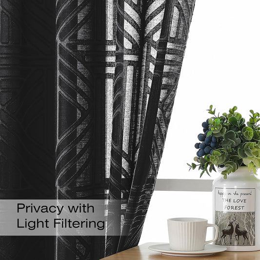 Simplebrand Black Semi Sheer Curtains 84 Inches Long 2 Panels, Light Filtering Geometric Jacquard Clip Textured Sheer Curtains for Bedroom, Modern Elegant Window Drapes, 42x84 inch