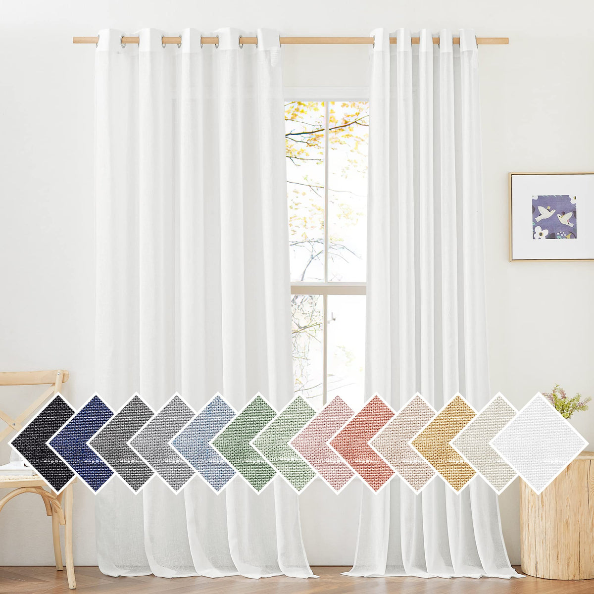 NICETOWN White Sheer Linen Curtains 84 Inch Length 2 Panels Set, W52xL84