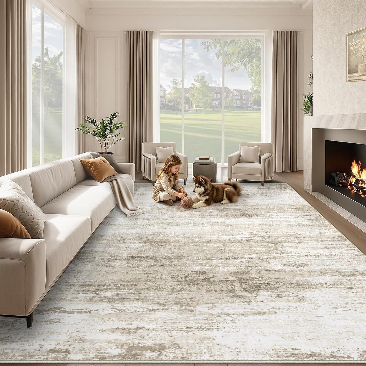 Washable Rug 8x10 Area Rugs for Living Room: Large Neutral Soft Rug Abstract Non Slip Low Pile Modern Carpet for Bedroom Kitchen Nursery Office Dining Room Indoor (Beige, 8'x10')