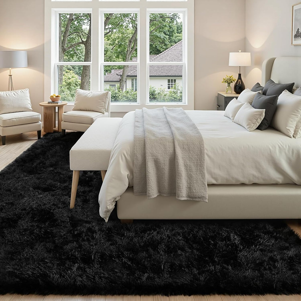 6x9 Black Fluffy Fuzzy Shag Area Rug for Living Room, Bedroom, Dorm Carpet