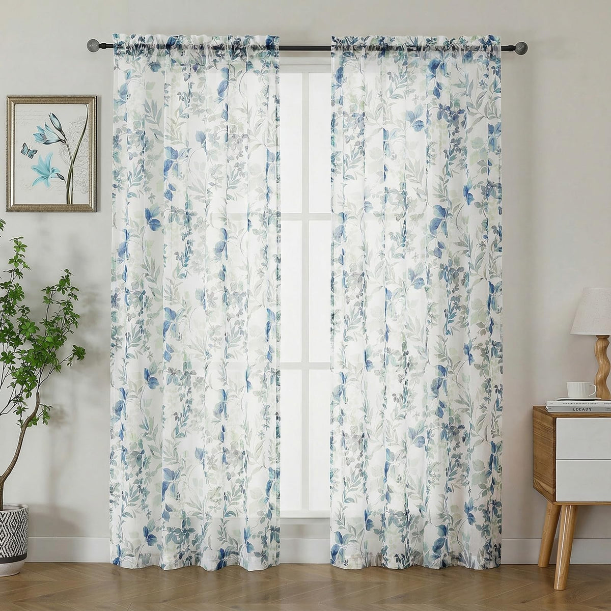 OWENIE Crushed Sheer Curtains 63 Inch Length 2 Panels Set, Sheer Floral Curtians with Printed Leaves Design, Printing Drapes for Living Room, Rod Pocket Light Filtering Window Sheers 42" W x 63" L