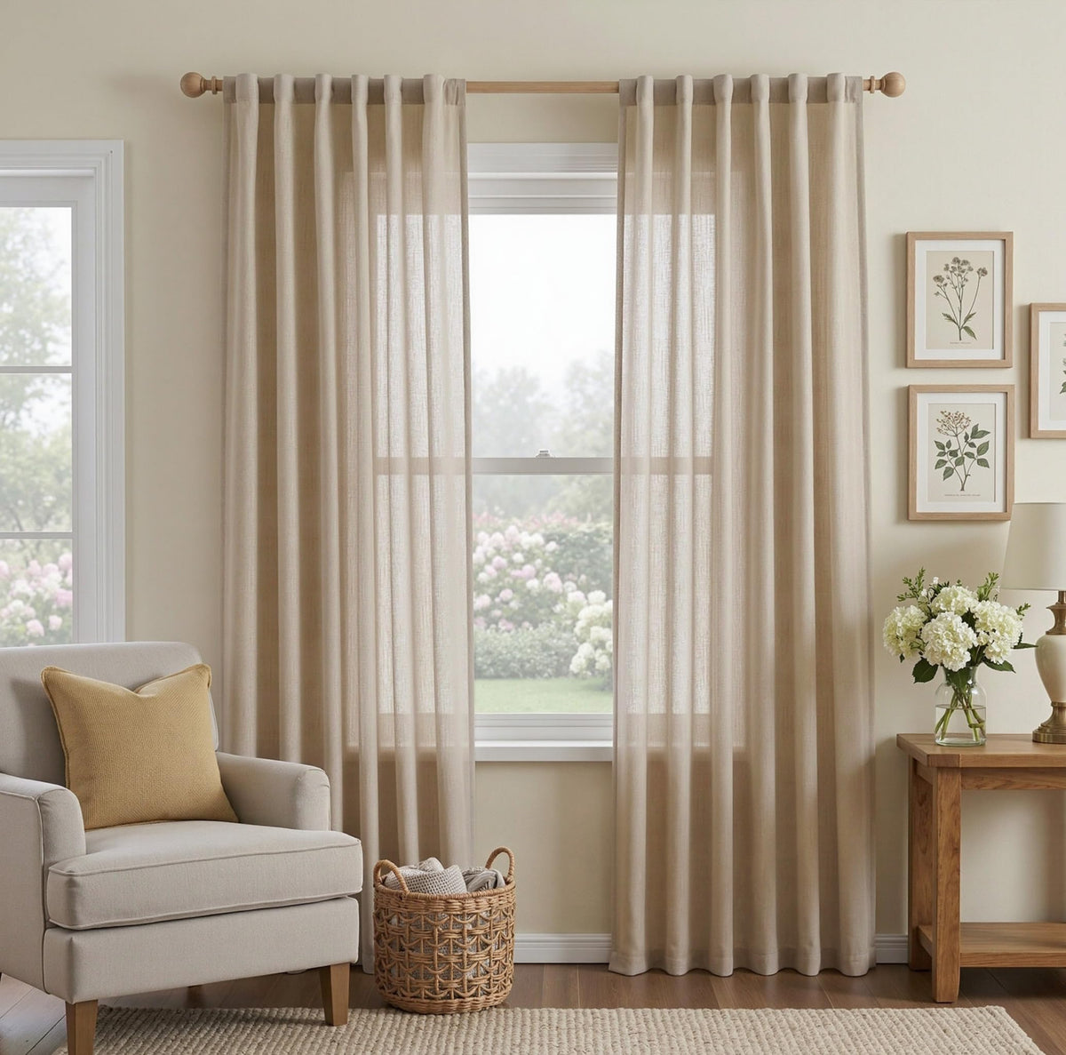 MYSKY HOME Linen Curtains for Living Room, Natural Semi Sheer Curtains & Drapes 84 inches Length 2 Panels Set Farmhouse Country Boho Style Back Tab Draperies for Sliding Glass Door, 50" Wide, Linen
