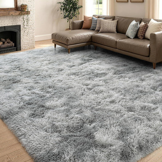 9x12 Extra Large Fluffy Area Rugs for Living Room Tie-Dyed Light Grey