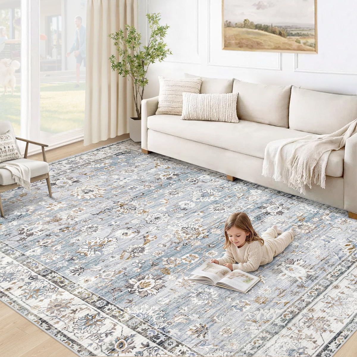 XLUEZ Area Rug 8x10 Living Room Rug, Machine Washable Vintage Distressed Medallion Rug Non-Slip Soft Low Pile Large Indoor Rugs for Bedroom Dining Room Office Children's Room (Beige,8'x10')