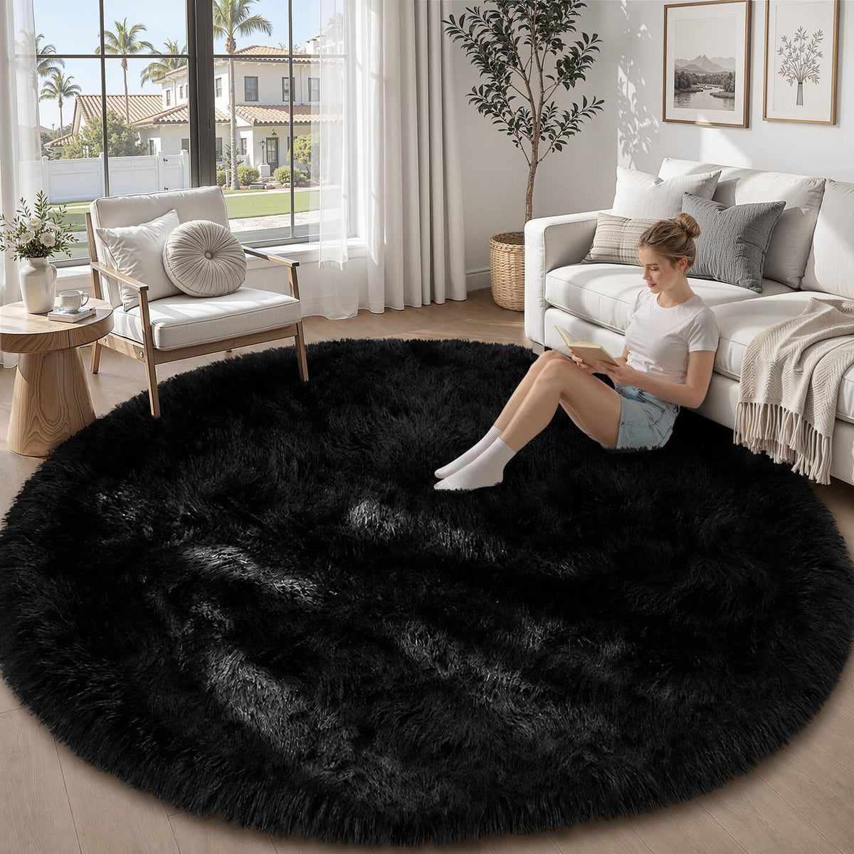 TENGTENGLINK 8x10 Fluffy Shag Area Rug Living Room Bedroom Washable Black
