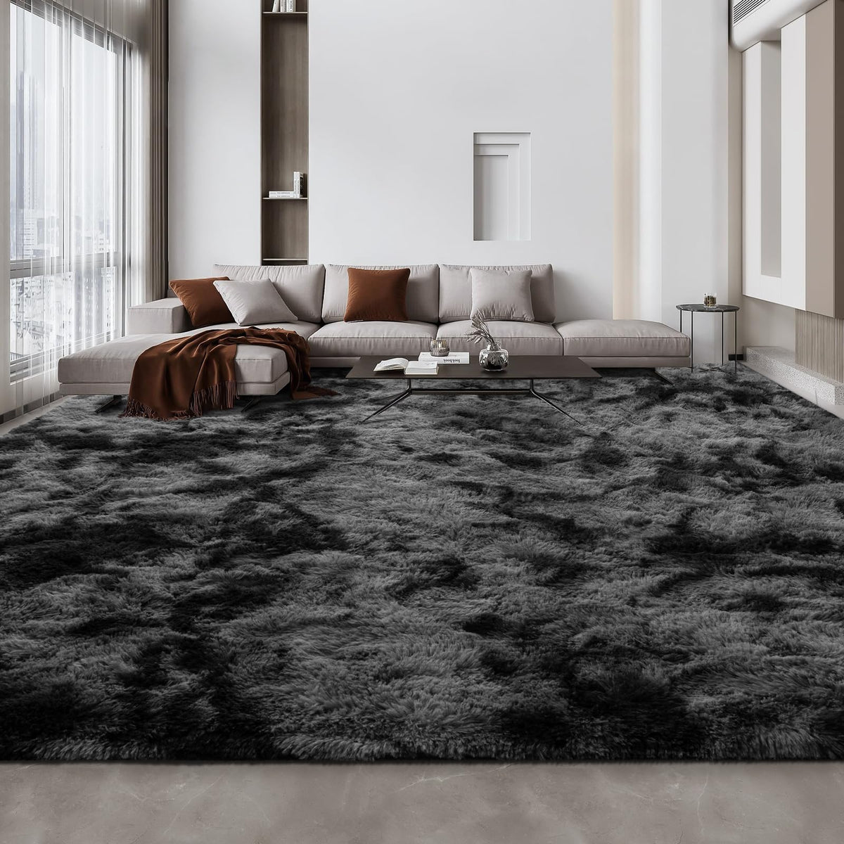 Deerhoo Large Shag Area Rugs 5 x 8, Tie-Dyed Plush Fuzzy Rugs, Light Grey
