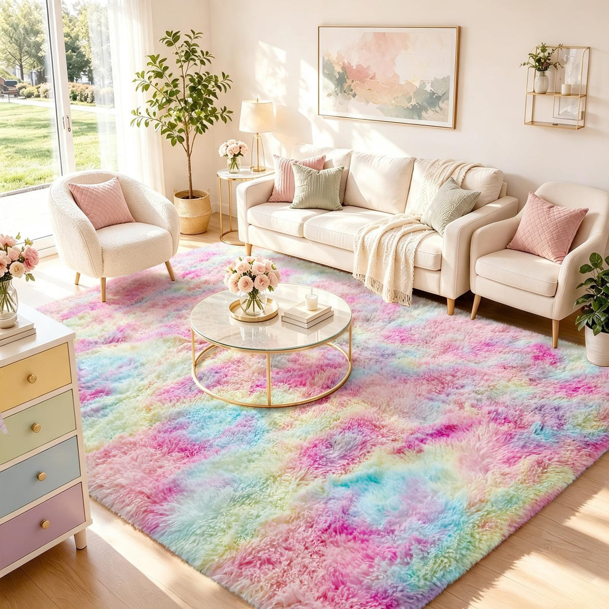 Ophanie 5x7 Area Rugs for Living Room Ivory, Fluffy Shag Large Fuzzy Plush Soft Rug, Shaggy Floor Big Carpets for Bedroom Nursery, Kids Home Decor Aesthetic with Over 99 pcs Pile fibers