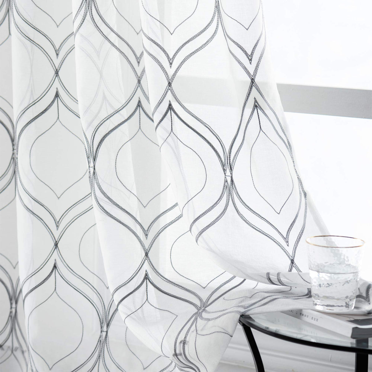 VISIONTEX White Sheer Curtains Grey Moroccan Embroidered 63 Inch Length
