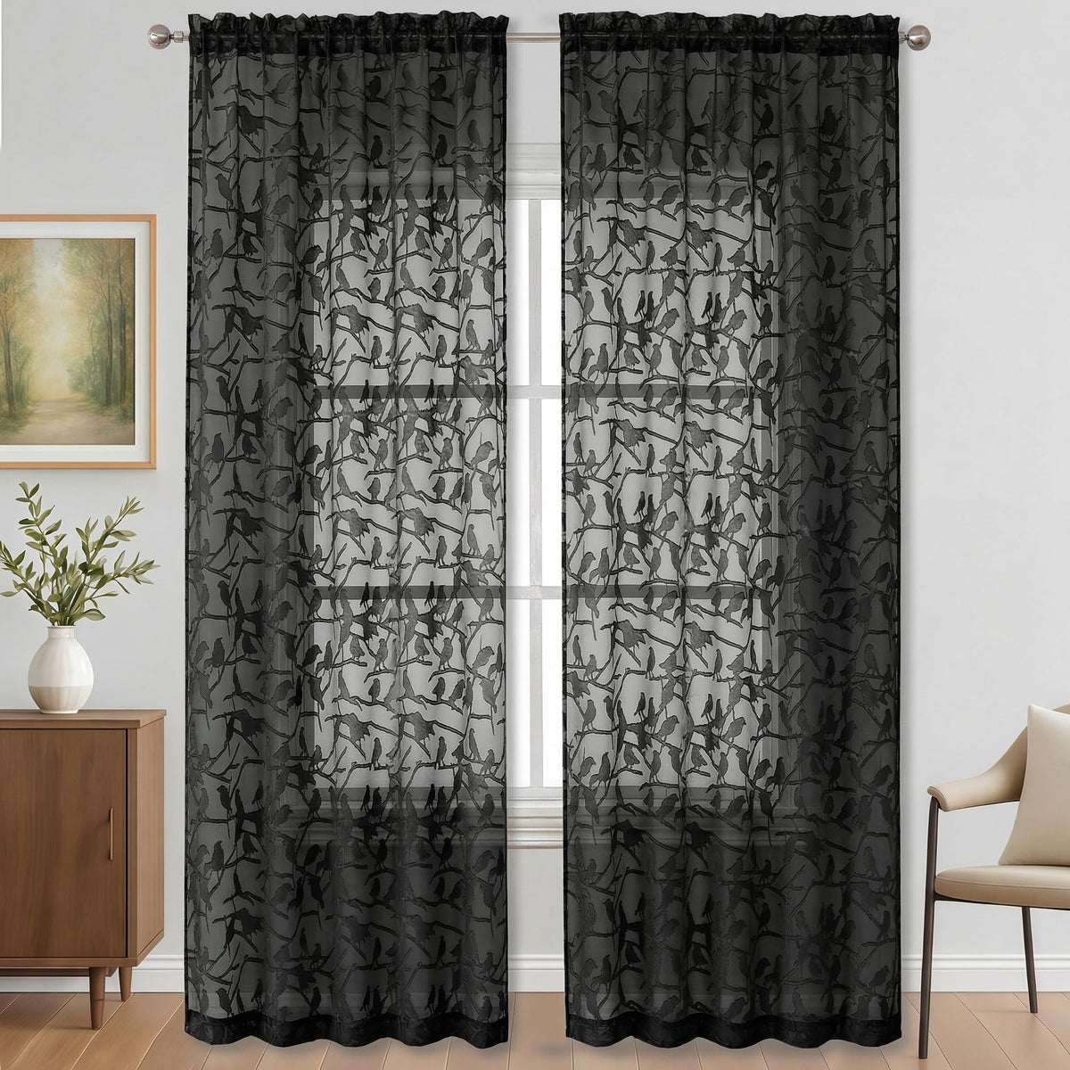 OVZME Sage Green Sheer Curtains 63 Inch Length 2 Panel Set, Light Filtering Bedroom Curtains with Dual Rod Pocket Top, Leaf Bird Clip Jacquard Sheer Farmhouse Window Drapes for Living Room, 2x38Wx63L