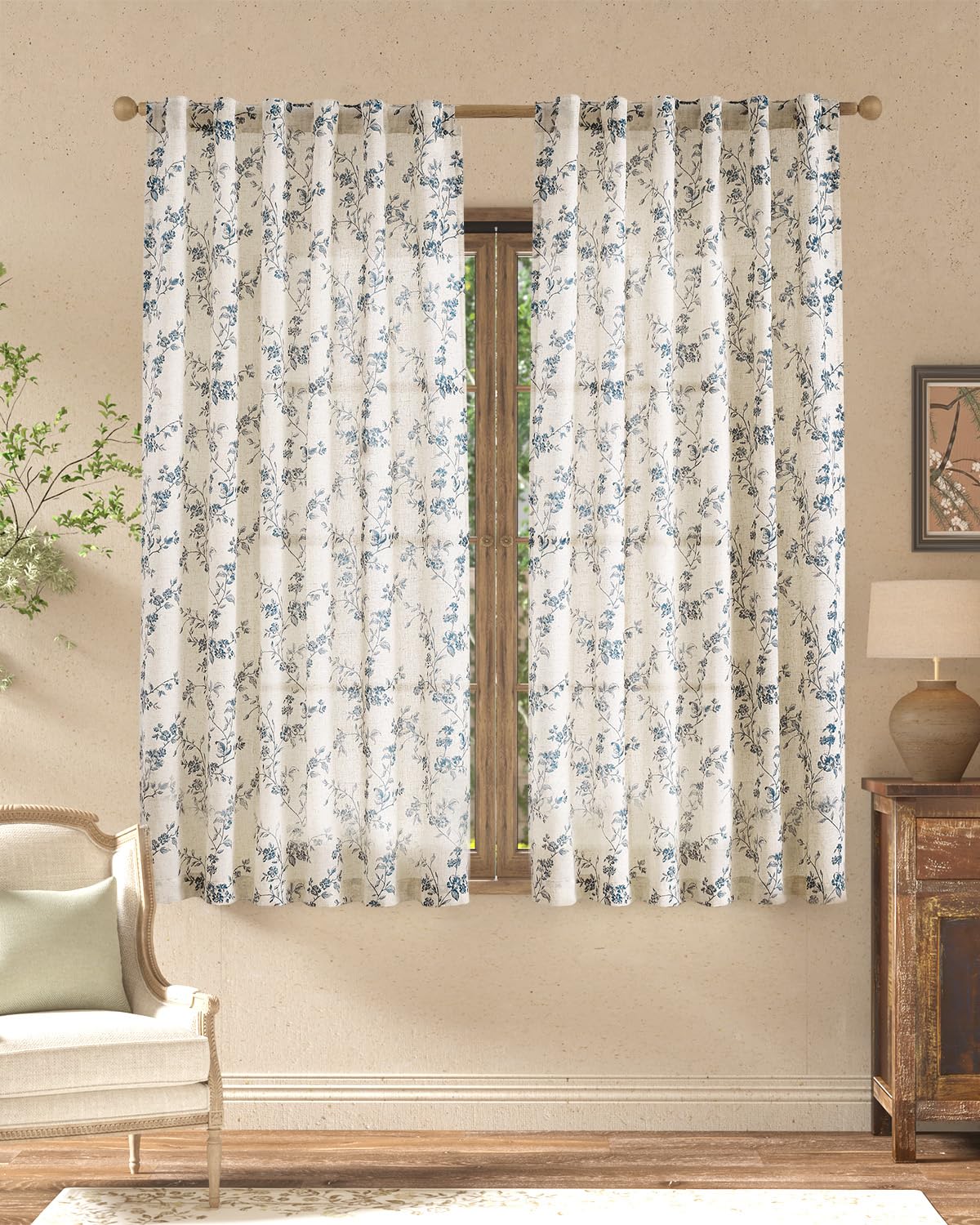 jinchan Taupe Floral Linen Curtains 84 Inch Farmhouse Back Tab 2 Panels
