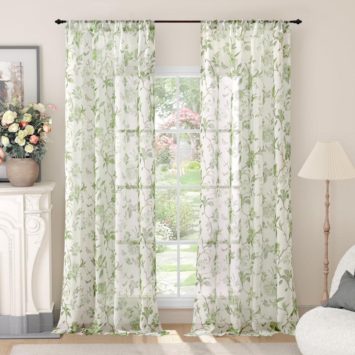 Lajode Pink Floral Sheer Curtains for Girls Room - 52x84 Inch 2 Panels