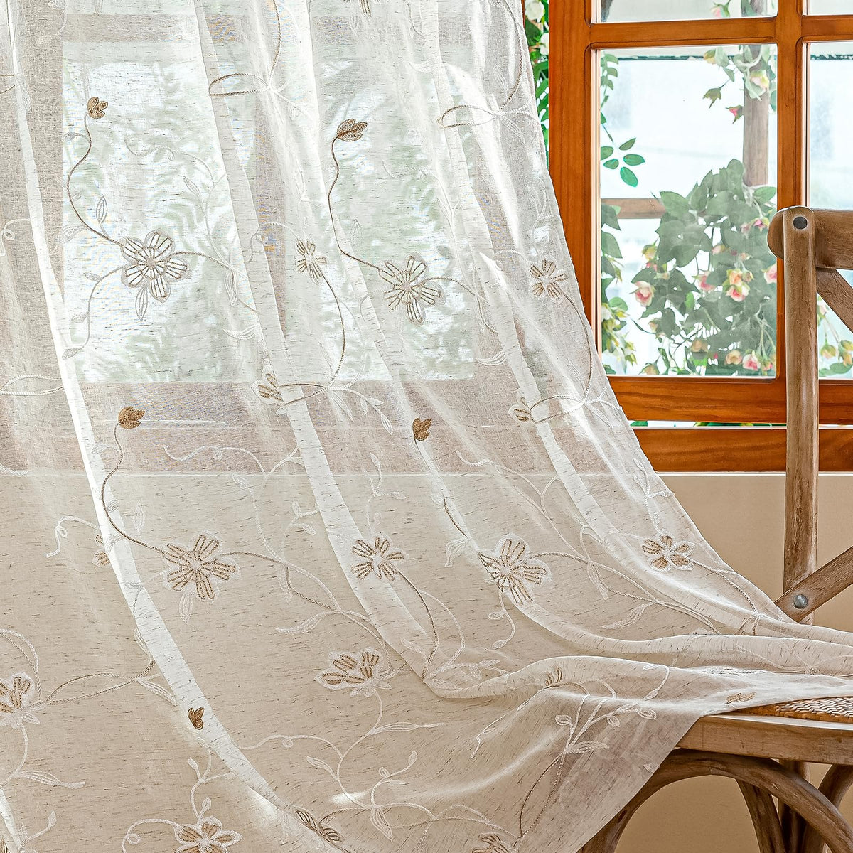 AmHoo 2 Panels Linen Floral Leaf Embroidered Semi Sheer Curtain Farmhouse Voile Curtains for Living Room Bedroom Window Treatment Beige 52 x 84 Inch