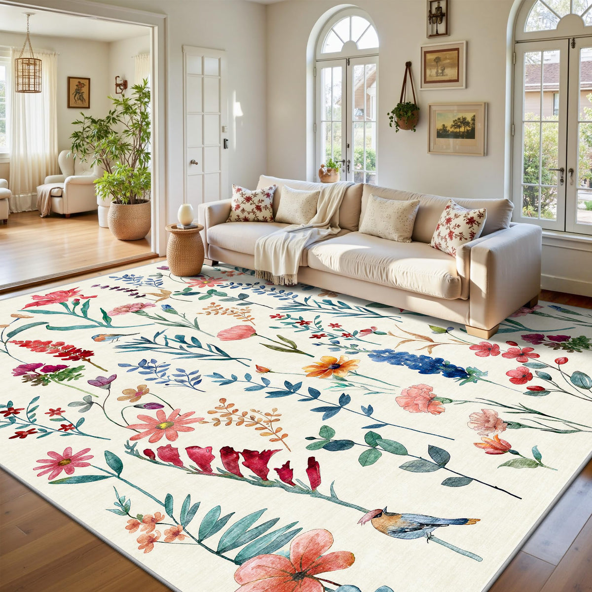 8x10 Area Rugs, Machine Washable Low Pile Floral Rugs for Living Room, Bedroom, Large Boho Area Rug with Non-Slip Backing for Dining Room(Pink Floral)
