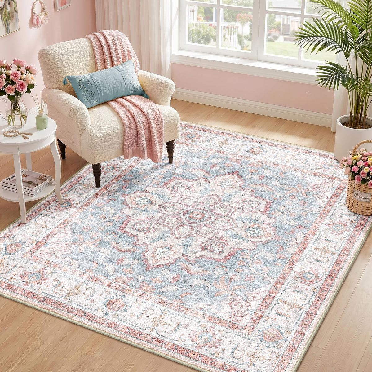 CAPALOCA 5x7 Washable Nursery Girls Low Pile Area Rug Pink