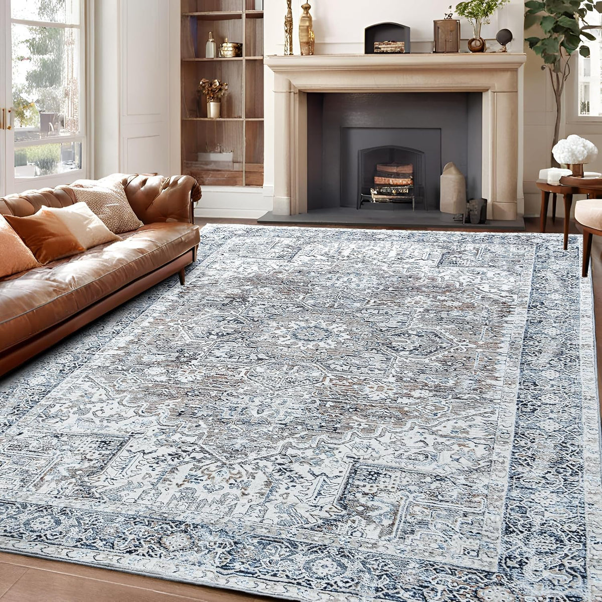 Hanples 5x7 Area Rugs for Living Room, Washable Rug Vintage Floral, Beige
