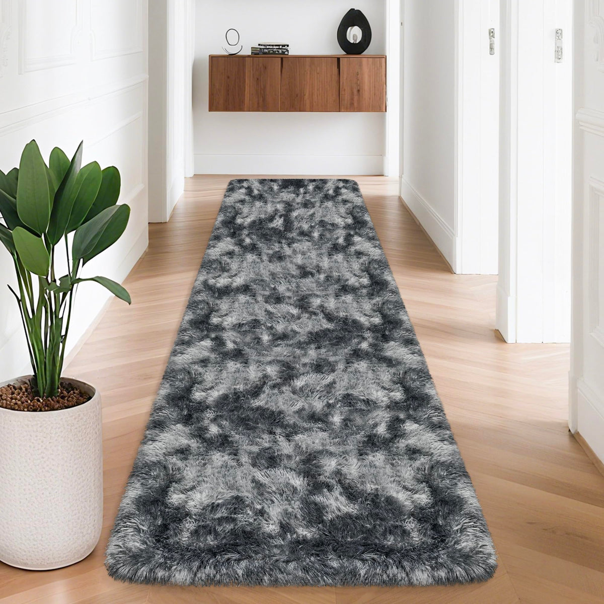 Tie-Dyed Runner Rug for Bedroom Black Grey 2x6ft Fluffy Area Rug Bedside Runner Rug for Kids Room Boys Teens Nursery Baby Living Room Dorm Home Decor Carpets