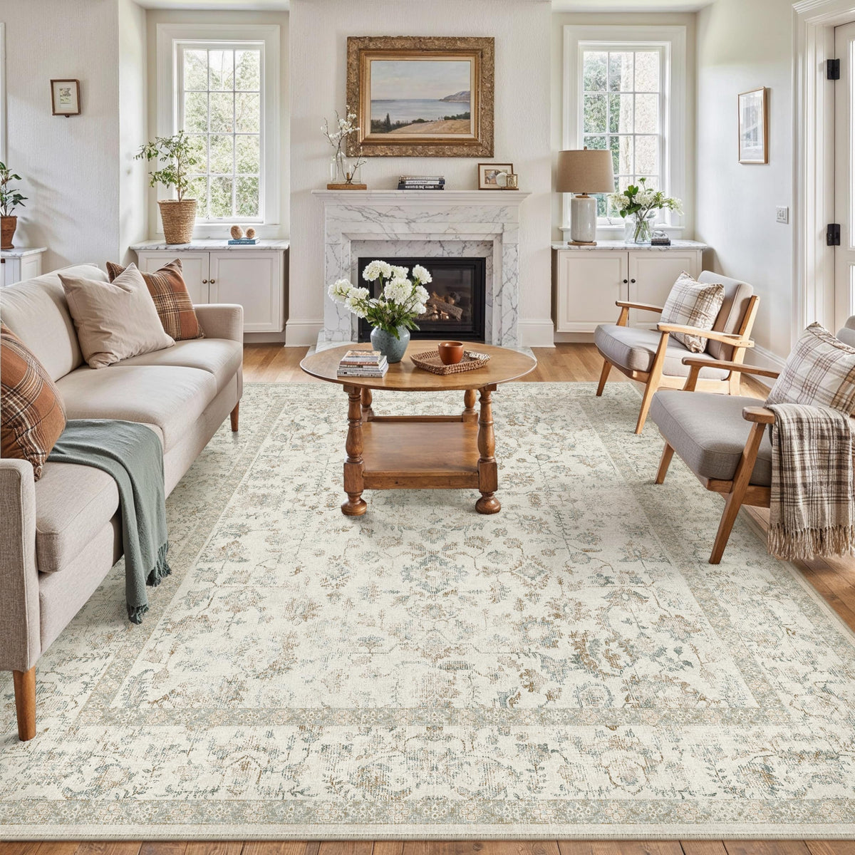 PureCozy 8x10 Blue Area Rug Washable Non Slip Large Vintage Living Room