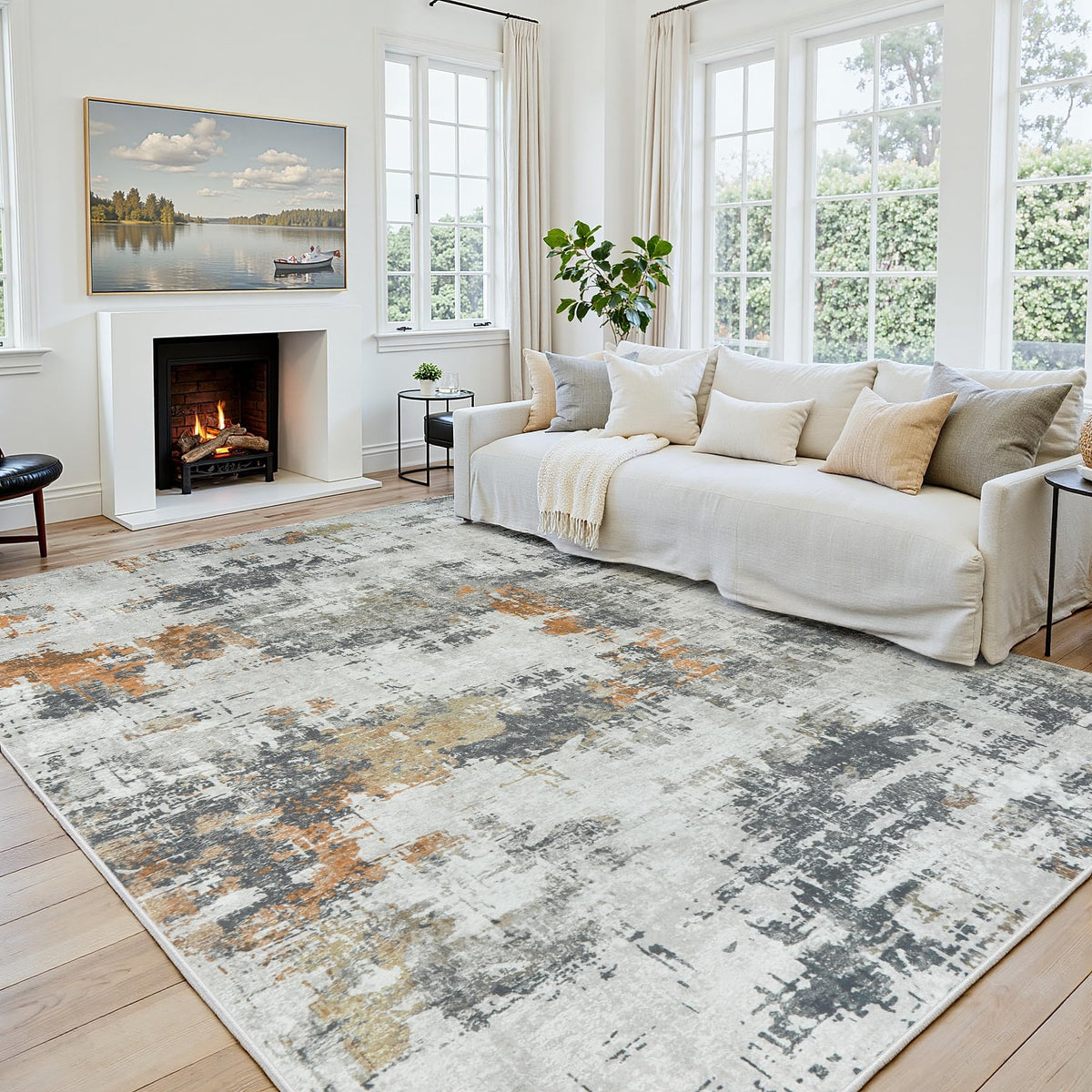 8x10 Area Rugs for Living Room: Washable Soft Black Abstract Bedroom Carpet