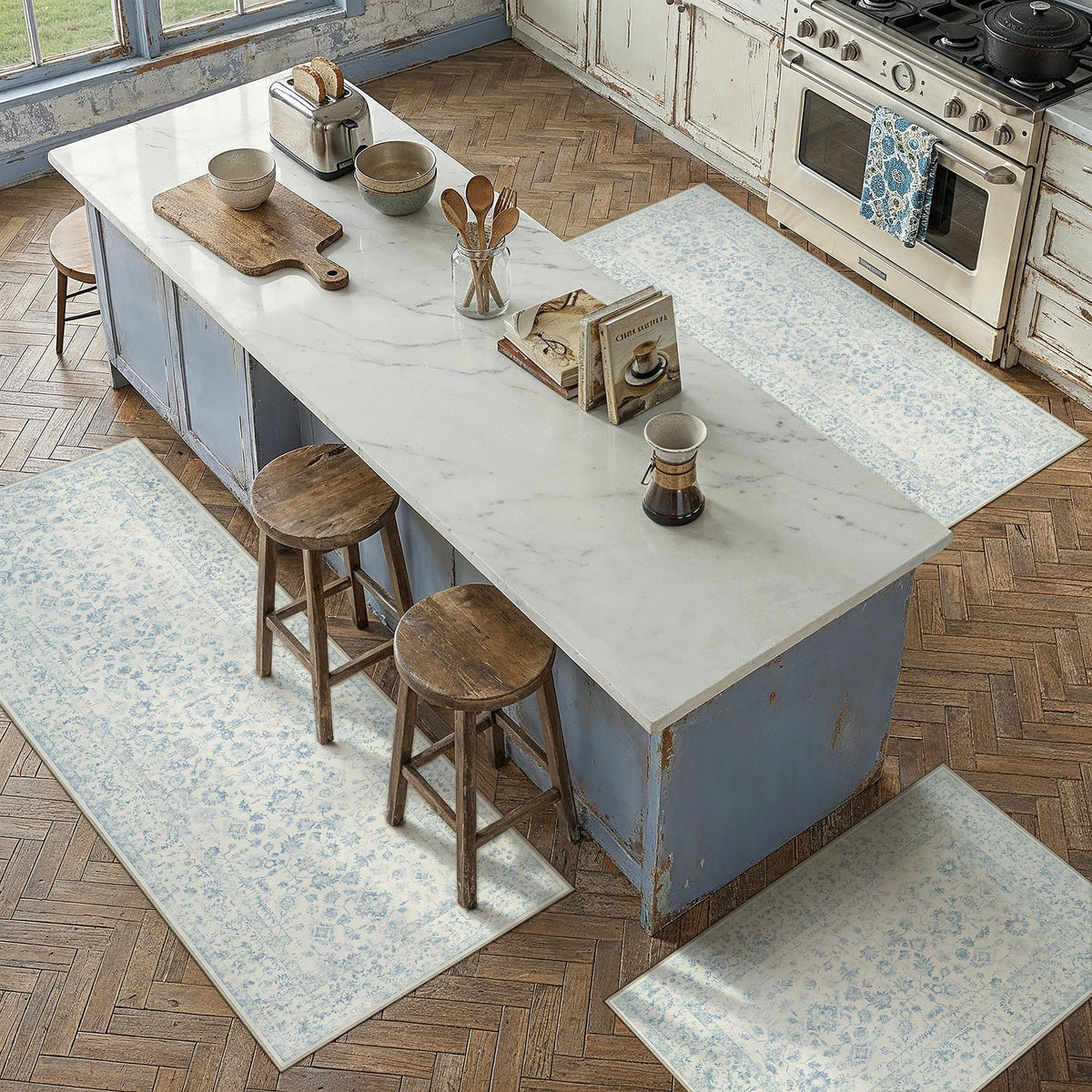 PureCozy 8x10 Blue Area Rug Washable Non Slip Large Vintage Living Room