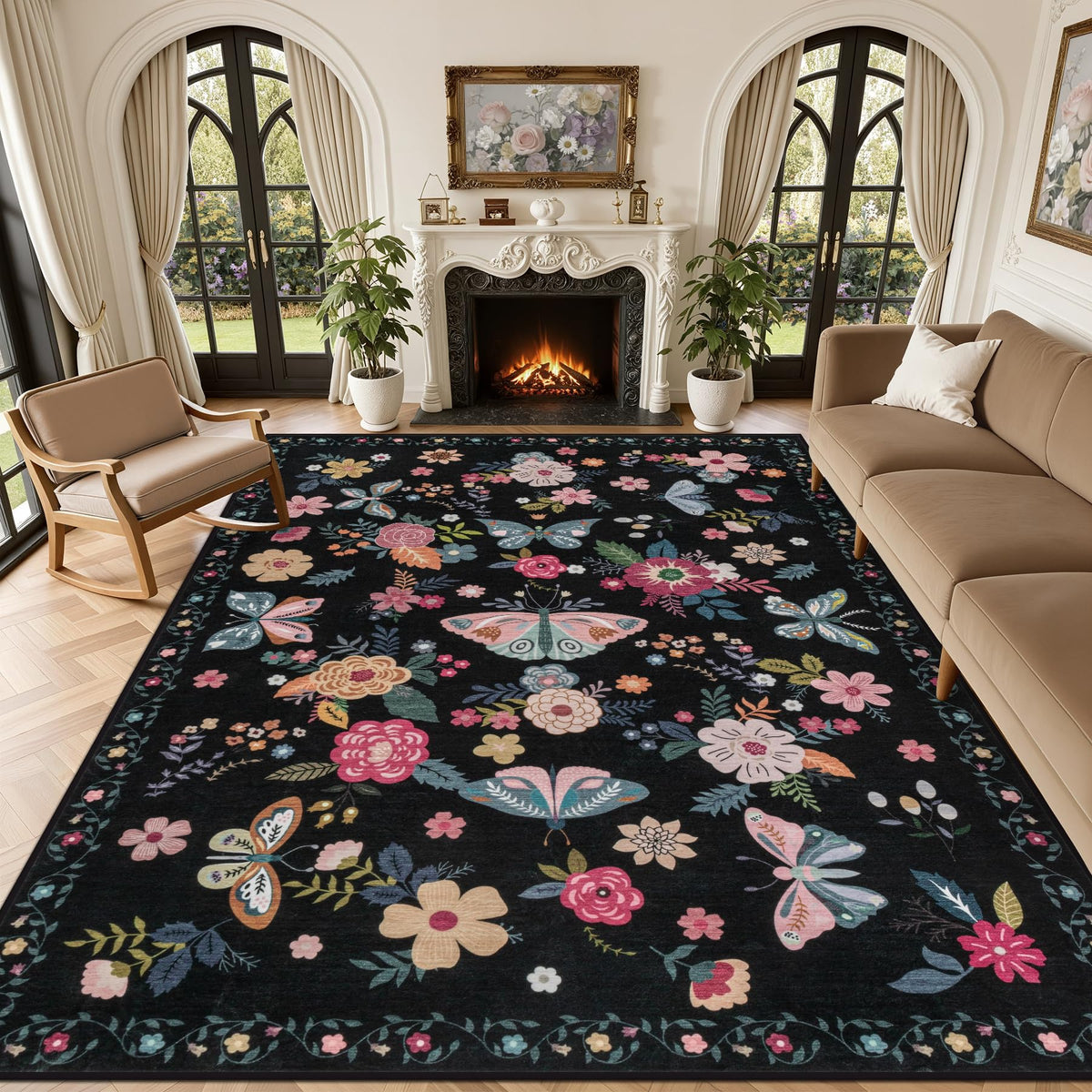 5x7 Area Rug Living Room: Soft Floral Washable Carpet Dark Green