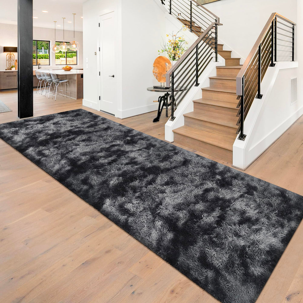 Tie-Dyed Runner Rug for Bedroom Black Grey 2x6ft Fluffy Area Rug Bedside Runner Rug for Kids Room Boys Teens Nursery Baby Living Room Dorm Home Decor Carpets