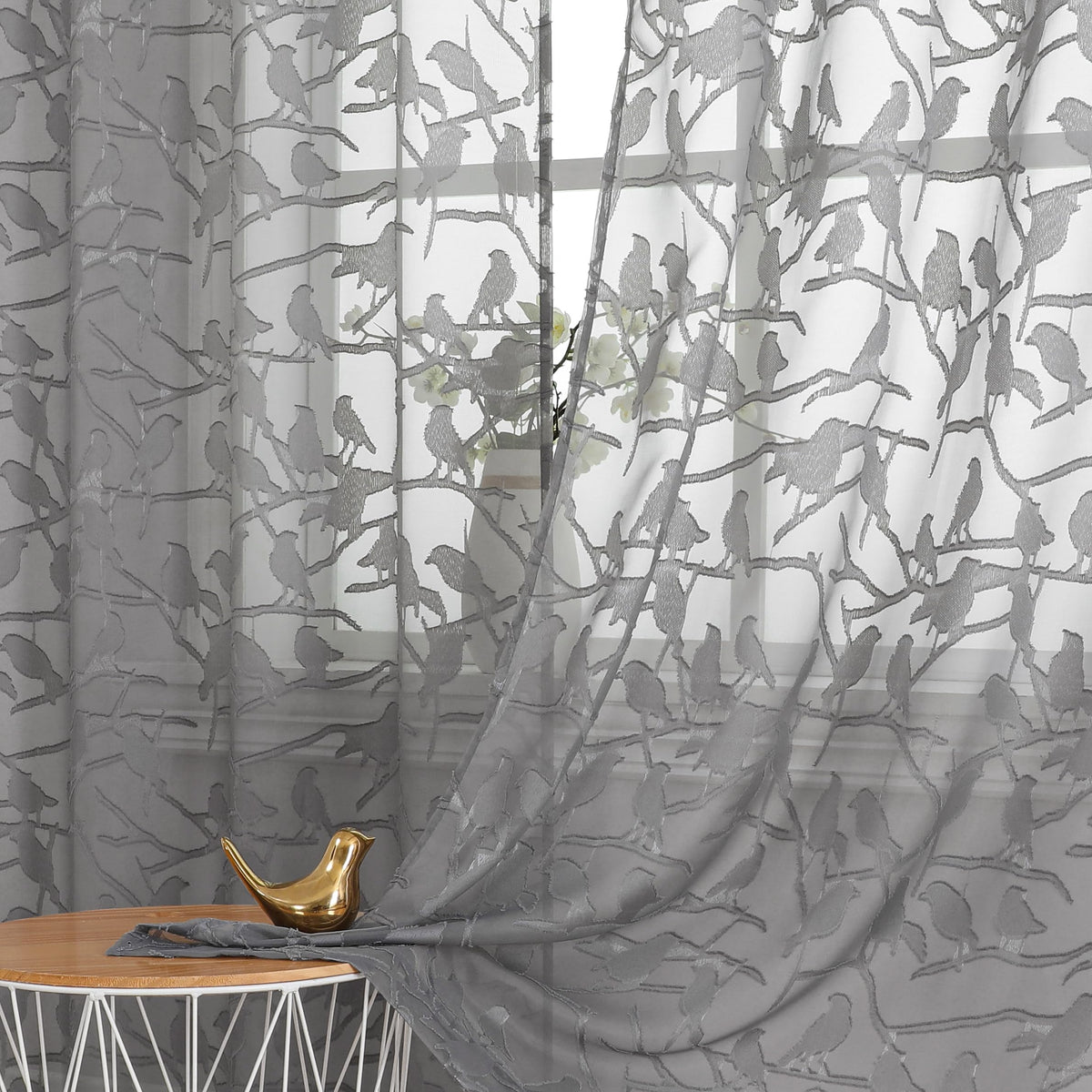 OVZME Sage Green Sheer Curtains 63 Inch Length 2 Panel Set, Light Filtering Bedroom Curtains with Dual Rod Pocket Top, Leaf Bird Clip Jacquard Sheer Farmhouse Window Drapes for Living Room, 2x38Wx63L