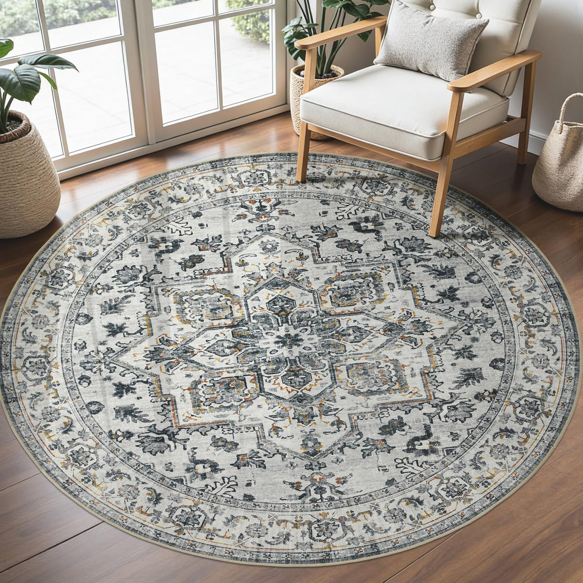 Joydeco Boho Washable Abstract Beige 5x7 Area Rugs for Living Room Bedroom