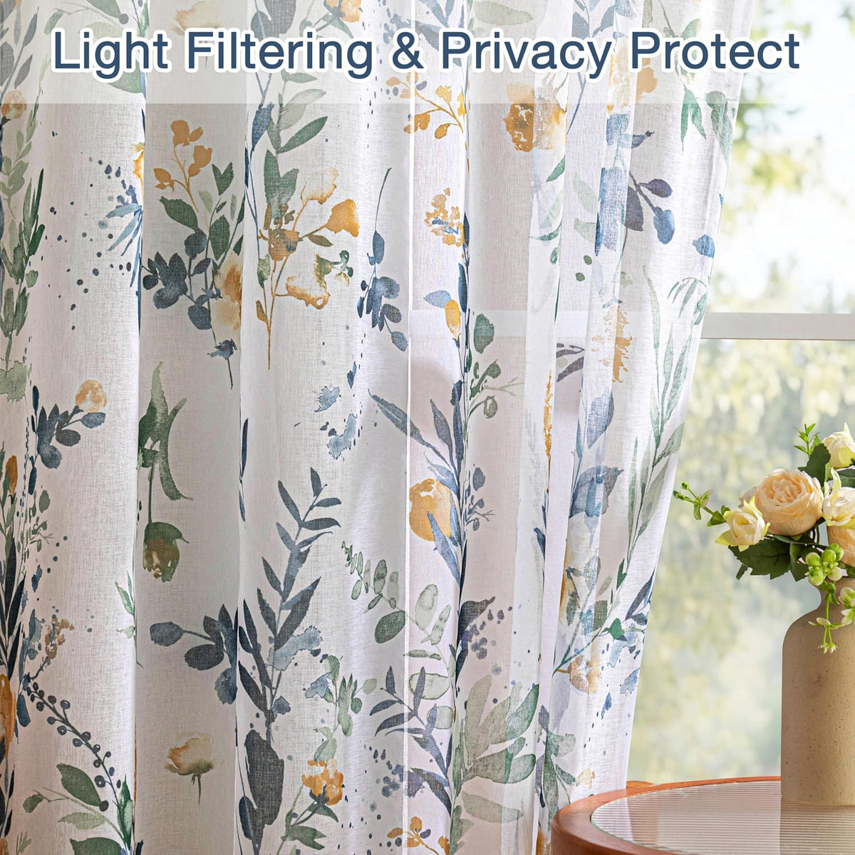 MYSKY HOME Yellow and Blue Sheer Floral Curtains 84 Inch Length 2 Panels