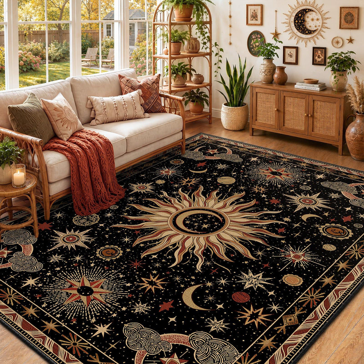 Vacuum-Friendly, 5x7 Washable Area Rug, Black Gold Beige Red