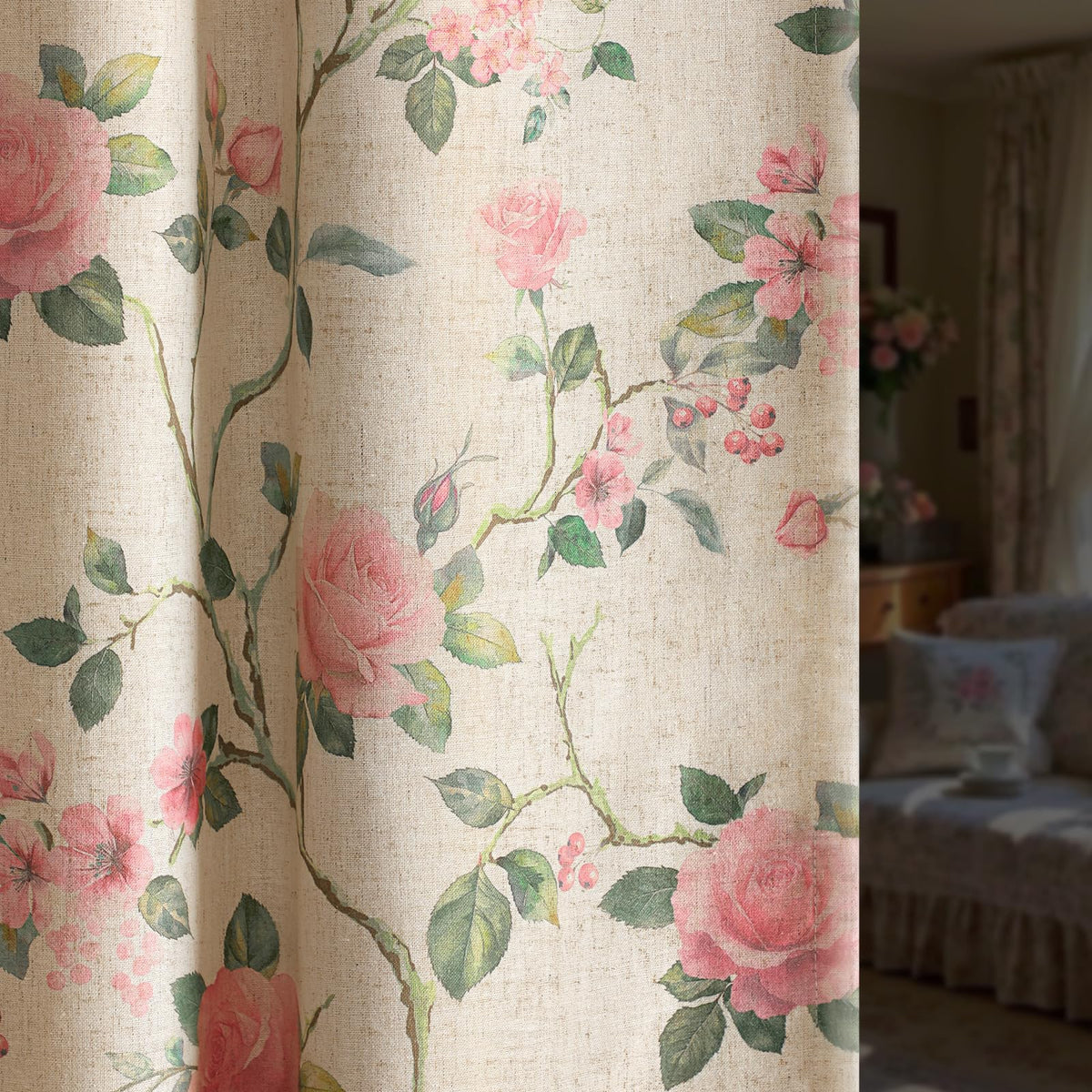 Boho Floral Light Filtering Curtains 84 Inch 2 Panels Linen Texture