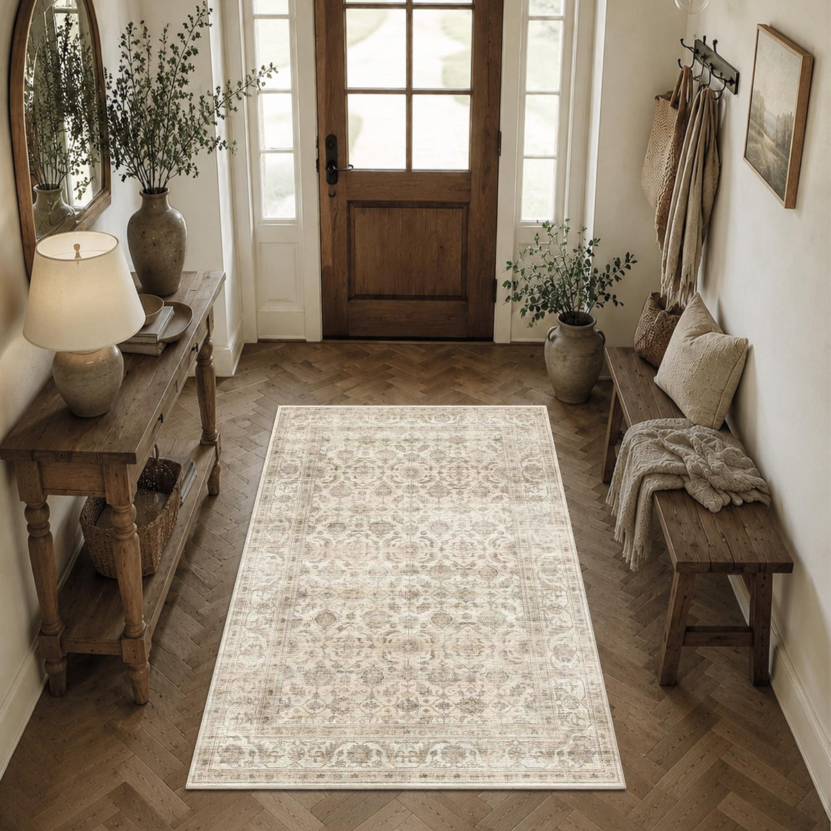JOOJA 8x10 Beige Vintage Soft Low Pile Boho Neutral Washable Area Rug