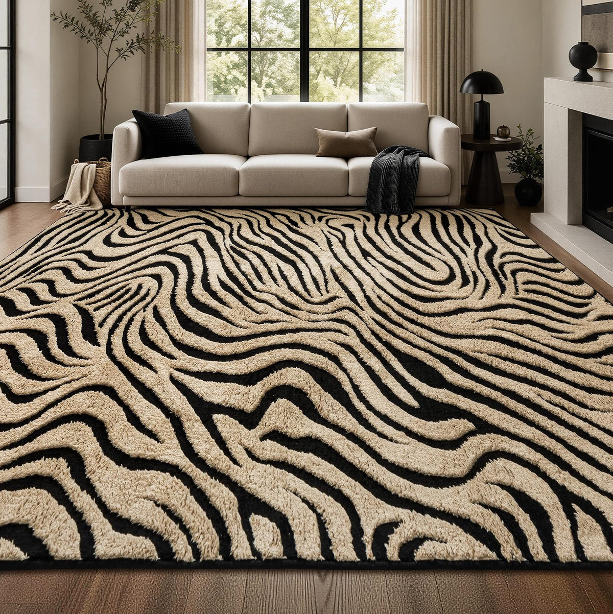 YIHOUSE 5×7 Ft Area Rugs for Living Room: Modern Washable Rug - Abstract Black and Cream White Rug for Bedroom Dining Room Office Playroom Nursery Home Decor - Nonslip Non-Shedding Striped Rugs