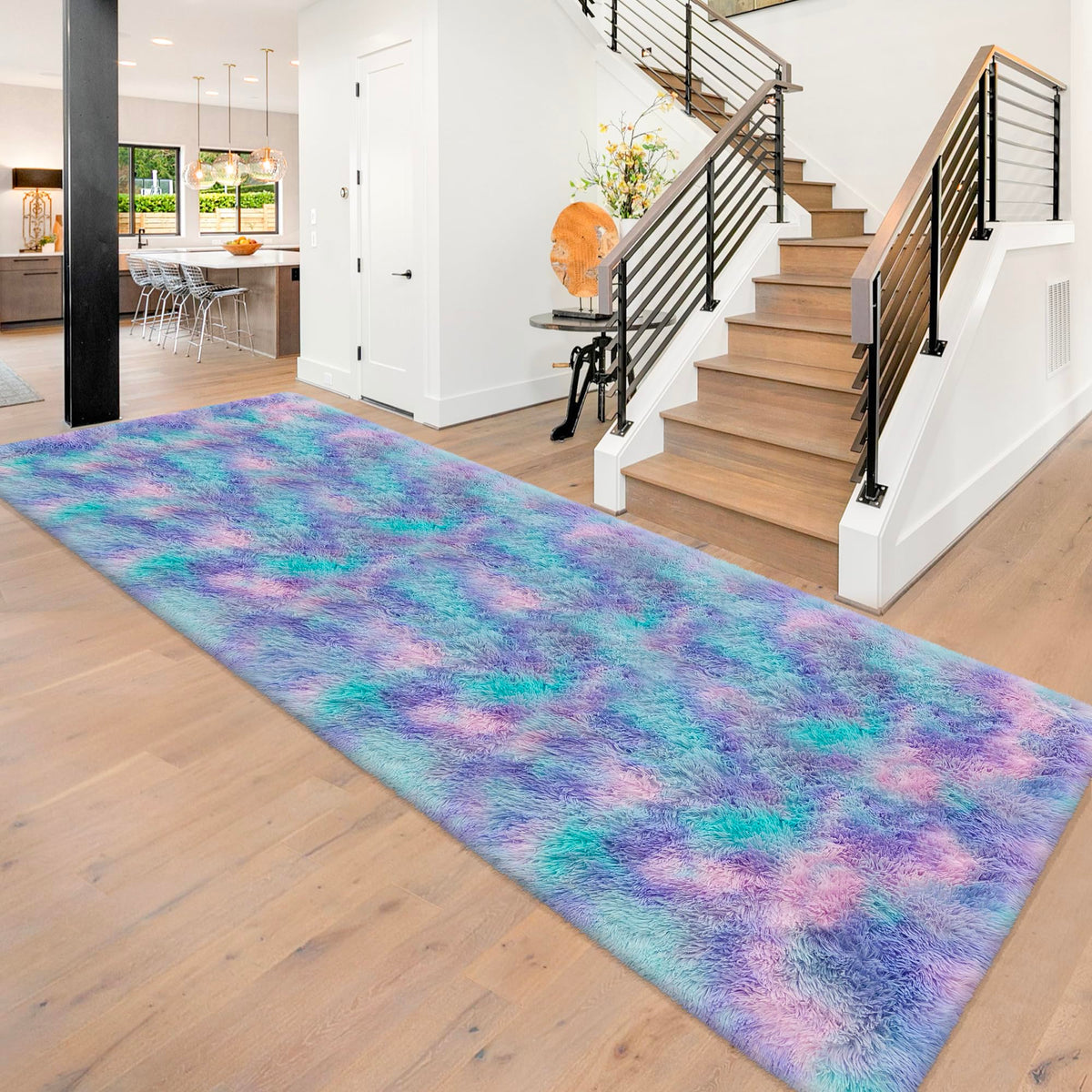 Tie-Dyed Runner Rug for Bedroom Black Grey 2x6ft Fluffy Area Rug Bedside Runner Rug for Kids Room Boys Teens Nursery Baby Living Room Dorm Home Decor Carpets