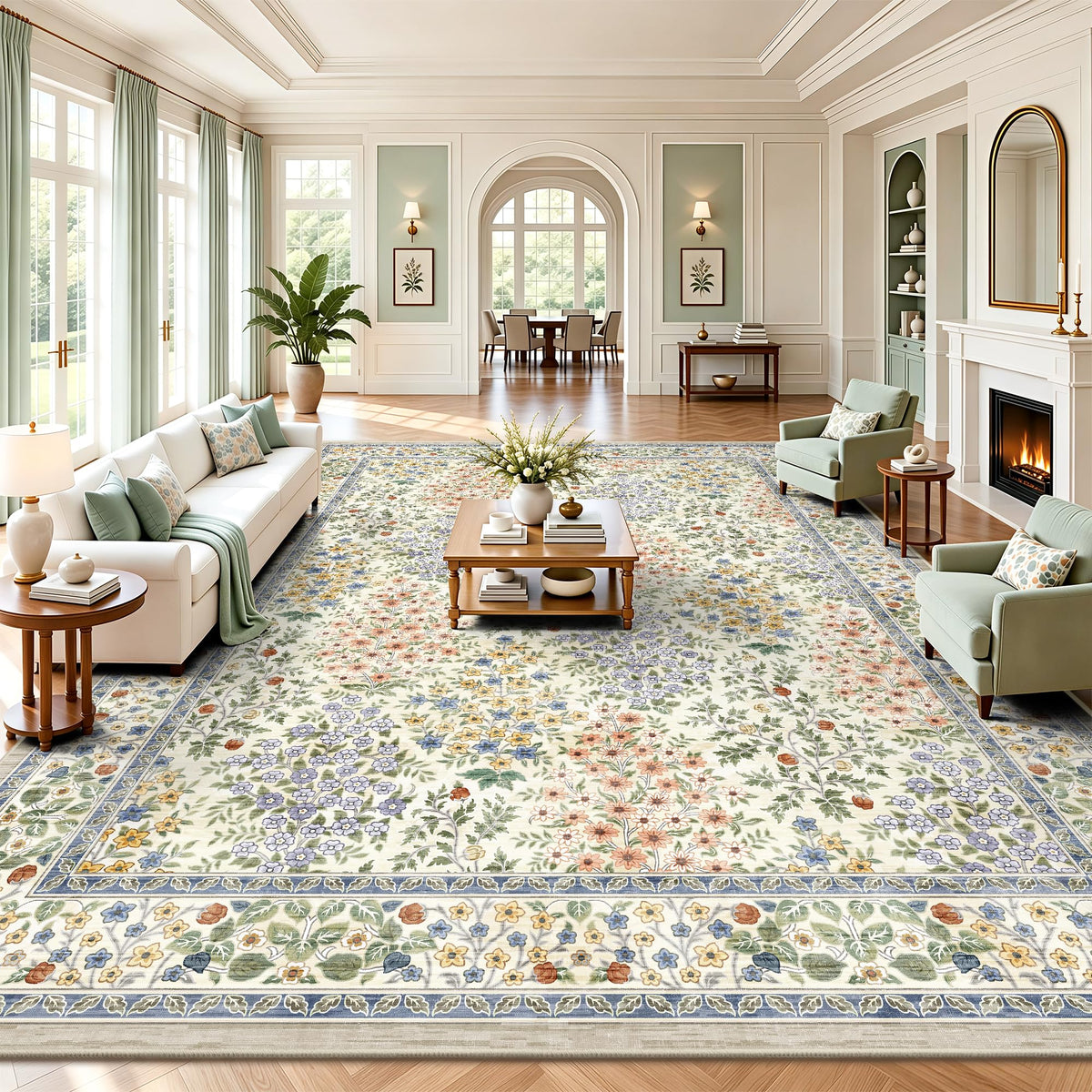 8x10 Area Rugs, Machine Washable Low Pile Floral Rugs for Living Room, Bedroom, Large Boho Area Rug with Non-Slip Backing for Dining Room(Pink Floral)