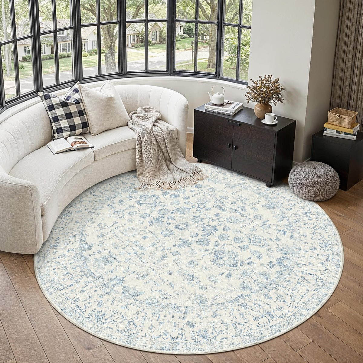 PureCozy 8x10 Blue Area Rug Washable Non Slip Large Vintage Living Room