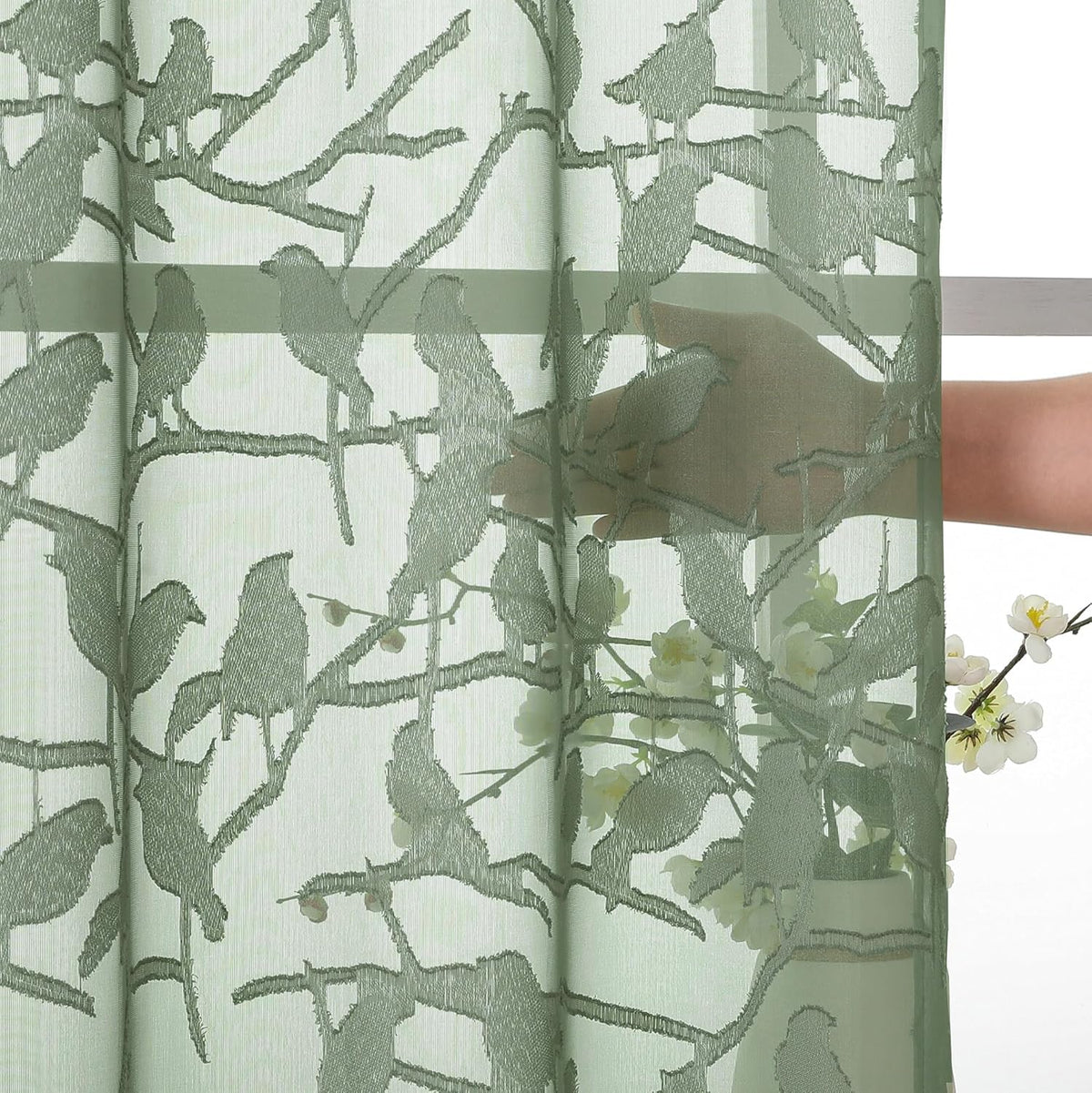 OVZME Sage Green Sheer Curtains 63 Inch Length 2 Panel Set, Light Filtering Bedroom Curtains with Dual Rod Pocket Top, Leaf Bird Clip Jacquard Sheer Farmhouse Window Drapes for Living Room, 2x38Wx63L