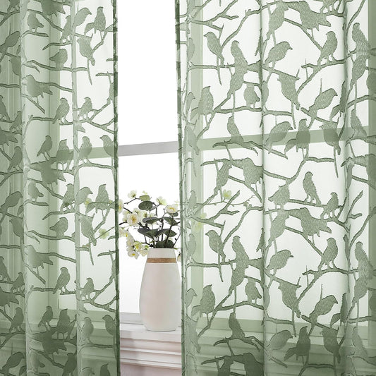 OVZME Sage Green Sheer Curtains 63 Inch Length 2 Panel Set, Light Filtering Bedroom Curtains with Dual Rod Pocket Top, Leaf Bird Clip Jacquard Sheer Farmhouse Window Drapes for Living Room, 2x38Wx63L