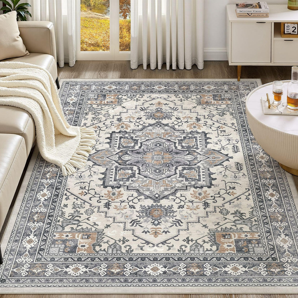 UERMEI 8x10 Area Rug Living Room Rugs - Washable Neutral Modern Abstract Soft Thin Large Rug Indoor Floor No Slip Rug Carpet for Bedroom Under Dining Table Home Office Decor - Brown Grey