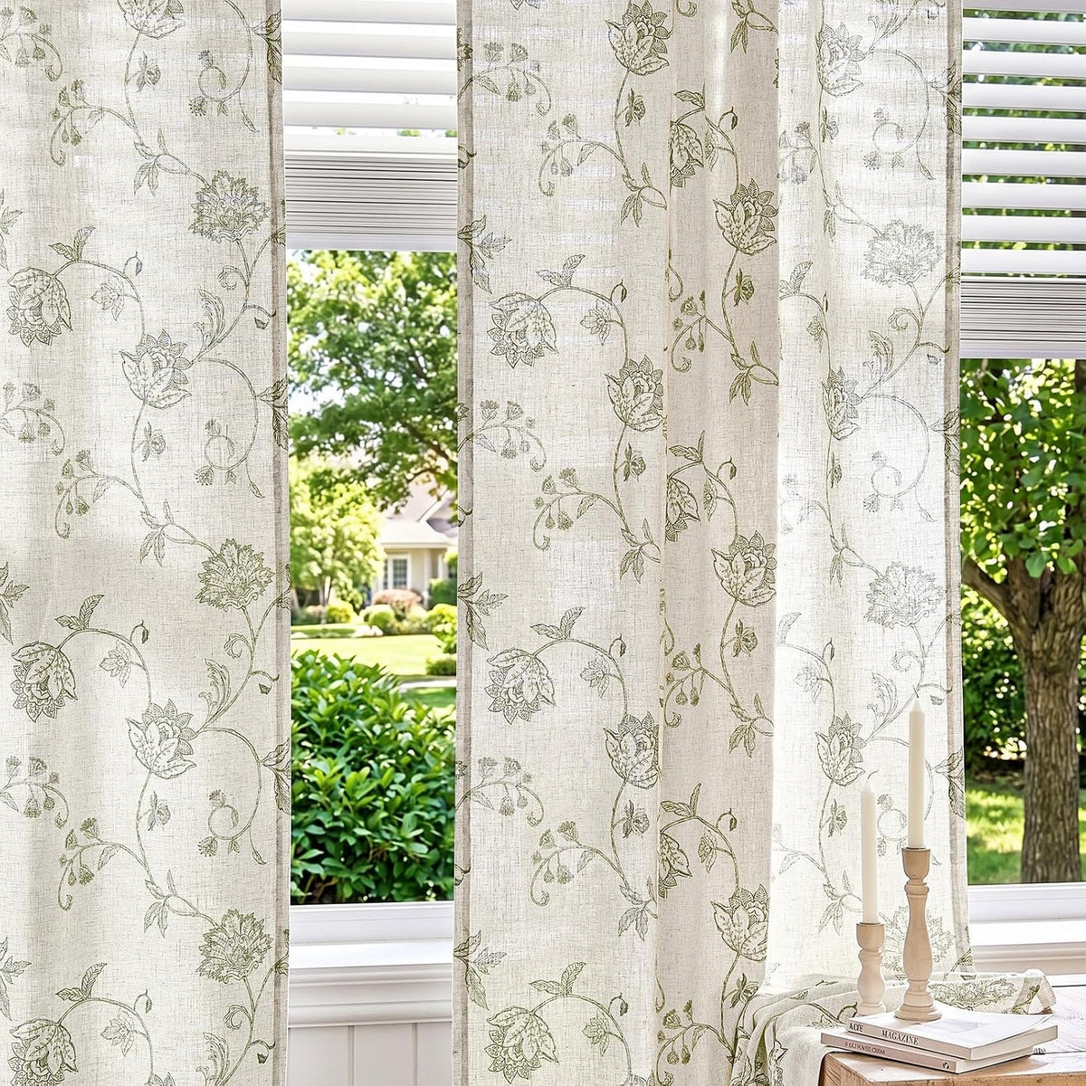 jinchan Green Floral Linen Curtains 84 Inch Vintage Back Tab 2 Panels