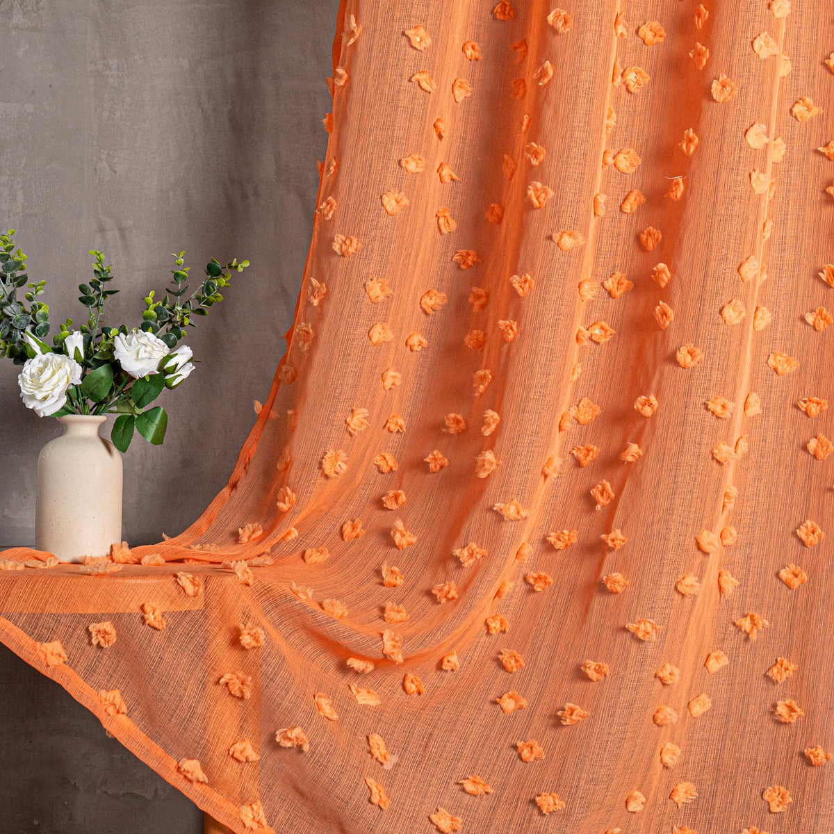 MYSKY HOME Beige Boho Sheer Curtains with Cream Pom Pom 50Wx84L,2 Panels