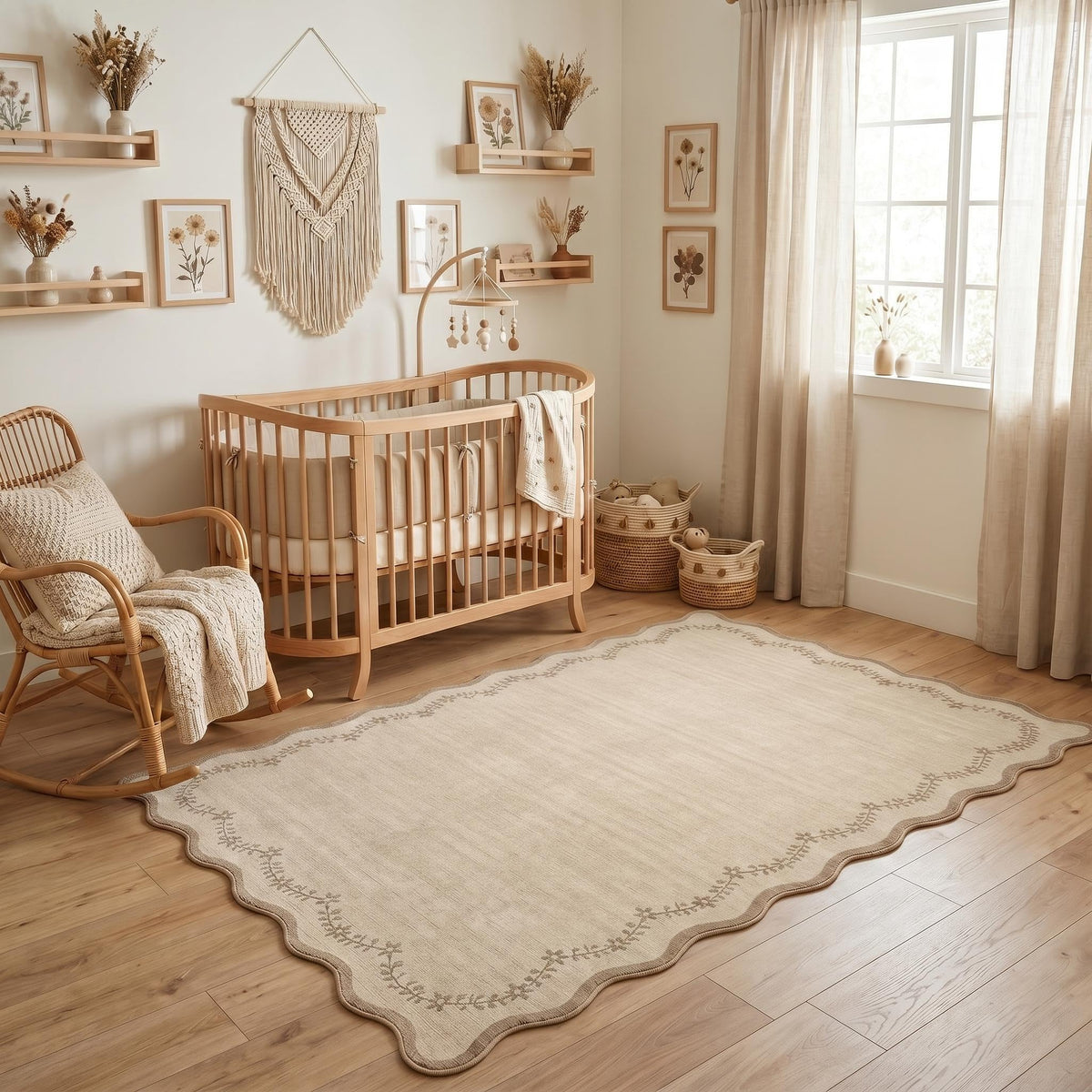 GarveeHome 5x7 Scalloped Area Rug Jute Washable Bedroom Living Room Rug