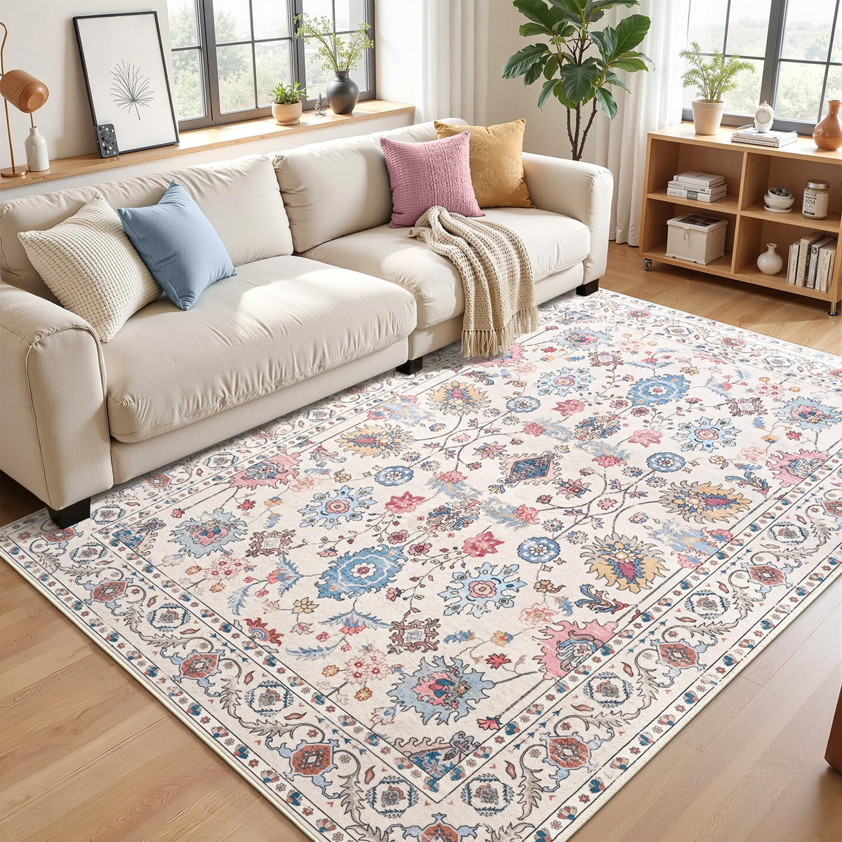Hanples 5x7 Area Rugs for Living Room, Washable Rug Vintage Floral, Beige