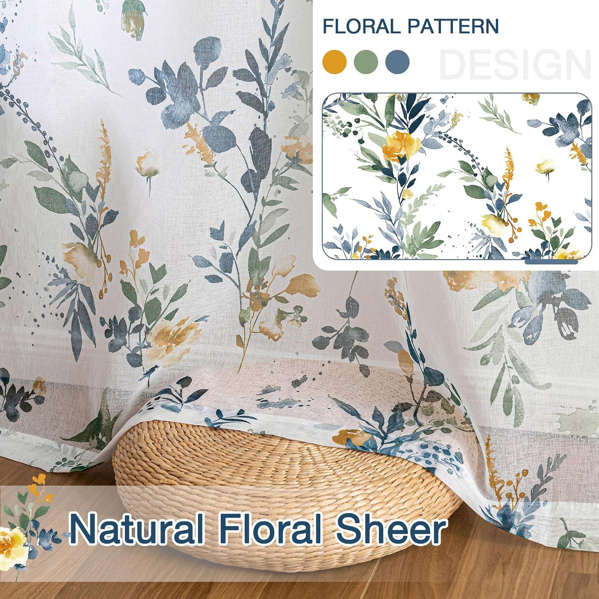 MYSKY HOME Yellow and Blue Sheer Floral Curtains 84 Inch Length 2 Panels