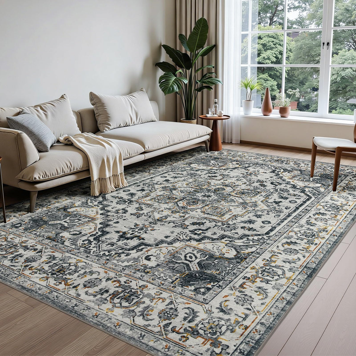 Joydeco Boho Washable Abstract Beige 5x7 Area Rugs for Living Room Bedroom