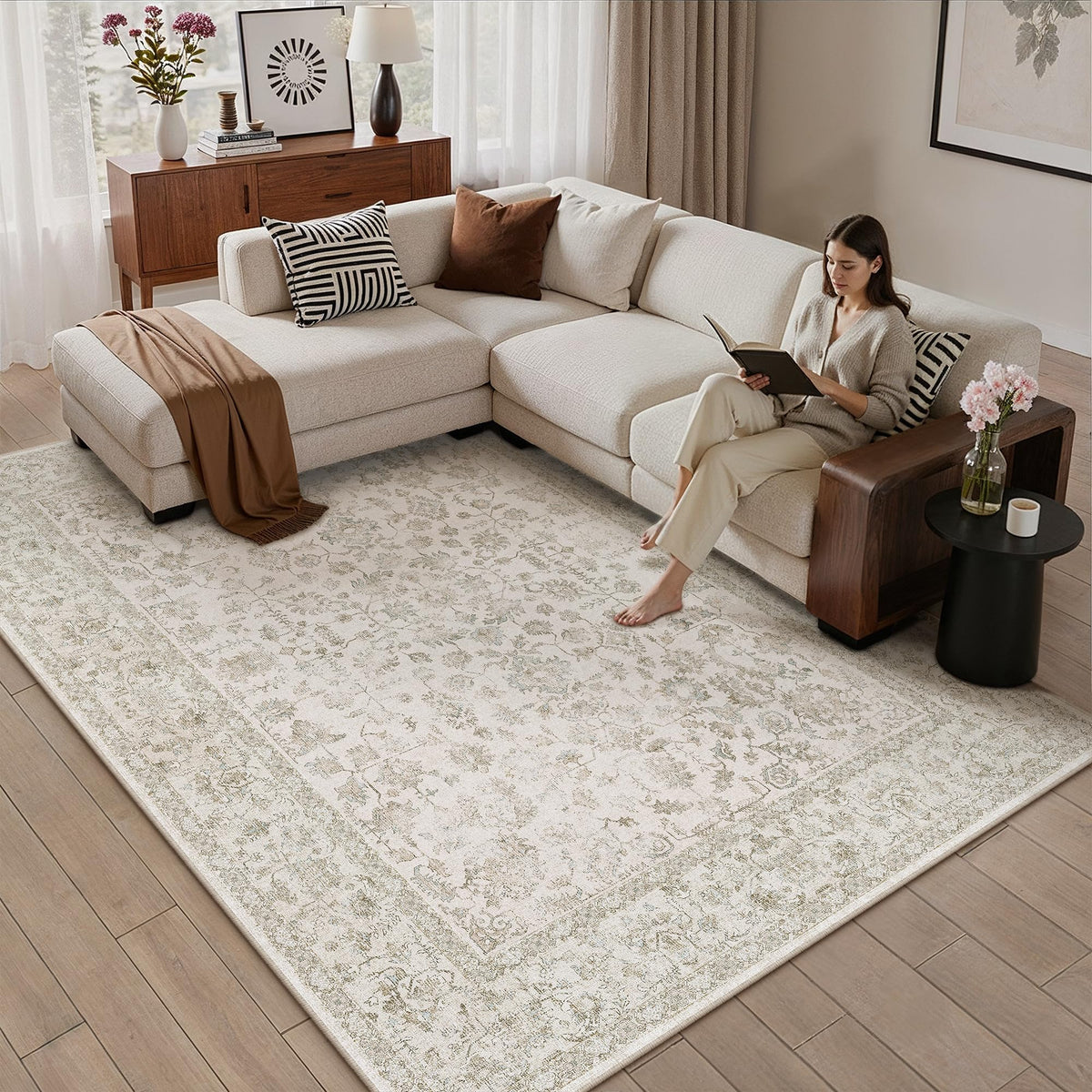 PureCozy 8x10 Blue Area Rug Washable Non Slip Large Vintage Living Room