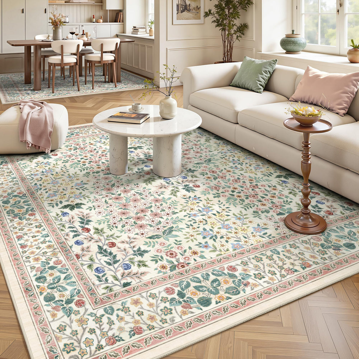 8x10 Area Rugs, Machine Washable Low Pile Floral Rugs for Living Room, Bedroom, Large Boho Area Rug with Non-Slip Backing for Dining Room(Pink Floral)