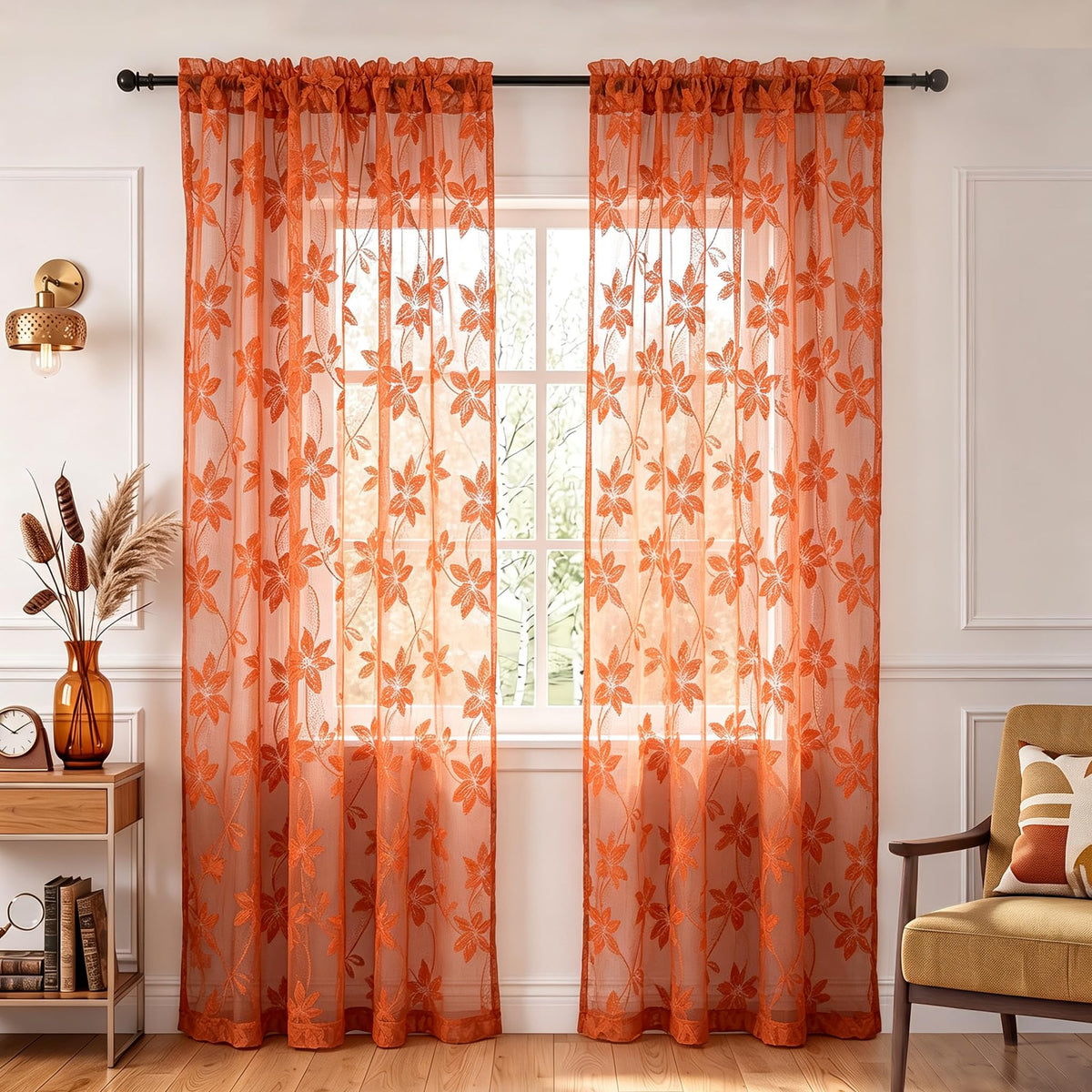 DWCN White Sheer Curtains - Short Curtains Floral Lace Design Rod Pocket Window Voile Sheer Drapes for Bedroom Kitchen Small Window 42 x 54 inch Length, 2 Panels White